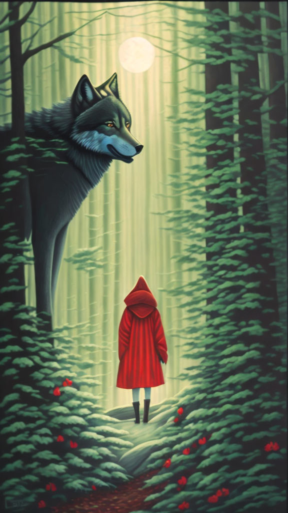 Majestic wolf observes girl in red cloak in snowy moonlit forest