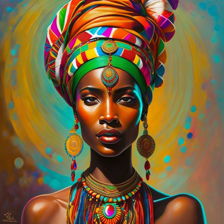 Vibrant woman portrait with headwrap, earrings, and necklaces on colorful background