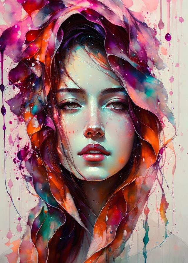 Colorful abstract portrait of a woman with ethereal elements