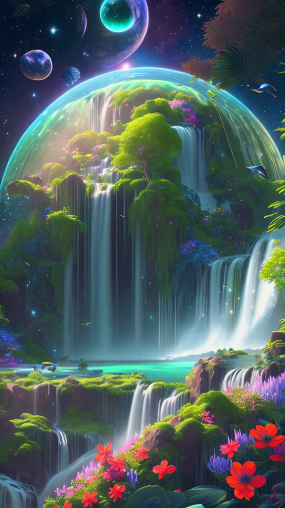 Digital artwork of mystical waterfall oasis with planets and red flowers