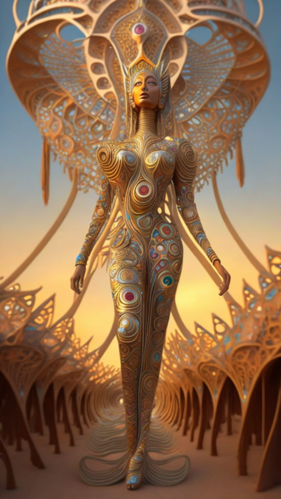 Golden-skinned figure in ornate armor amidst tree-like structures at sunset