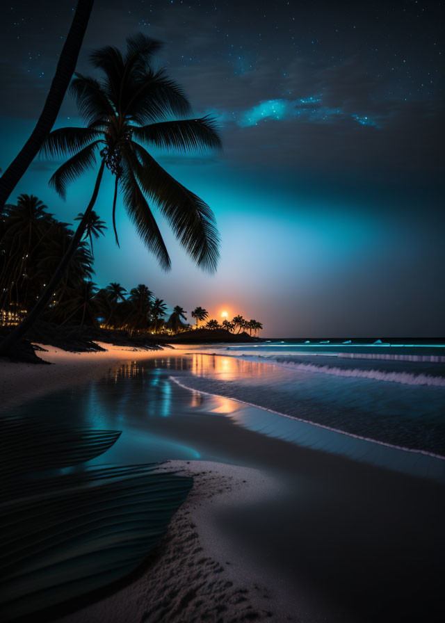 Nighttime Tropical Beach Scene with Starry Skies and Palm Trees