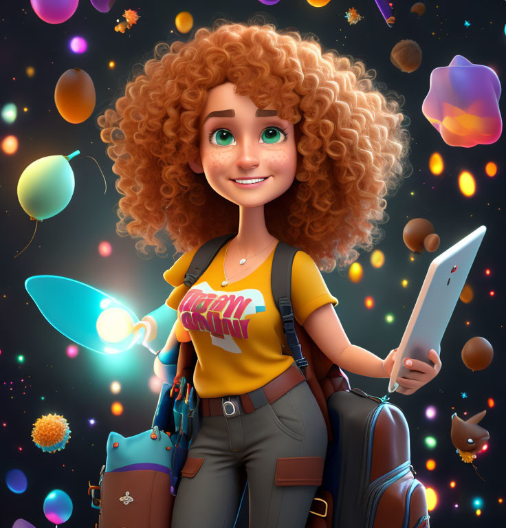 Curly-Haired Girl with Tablet in Colorful Animated Scene