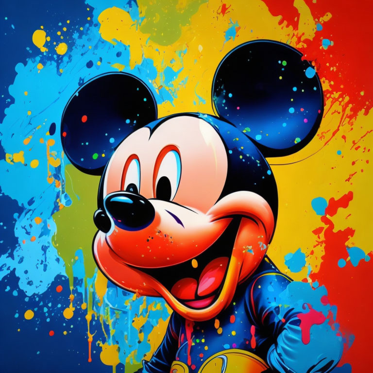 Colorful Mickey Mouse painting on splattered background.