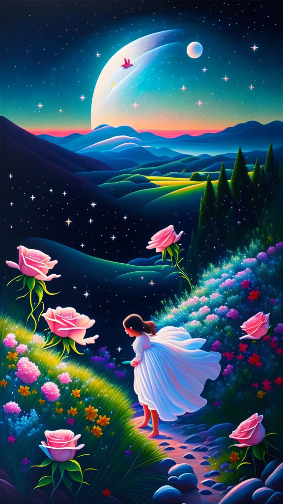 Girl in White Dress Walking on Stone Path Amidst Vibrant Flowers and Starry Sky