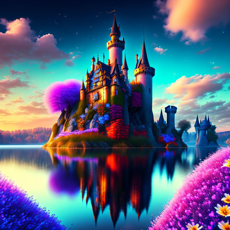 Colorful fairytale castle on island with sunset sky and flowers