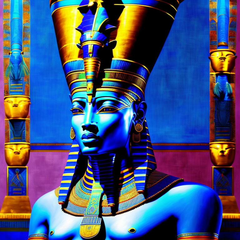 Vibrant digital art: Pharaoh in blue and gold against Egyptian motif.