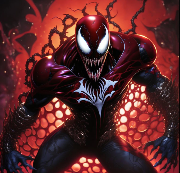 Menacing red and black symbiote with white eyes and sharp teeth on fiery red backdrop