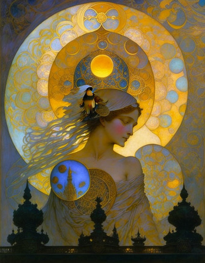 Ethereal woman in Art Nouveau style with moon phases halo and night scene.