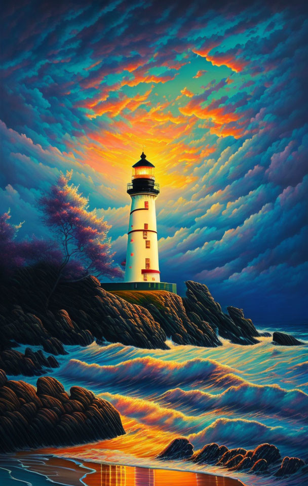 Colorful digital artwork: Lighthouse on rocky shore, golden waves, dramatic sky.