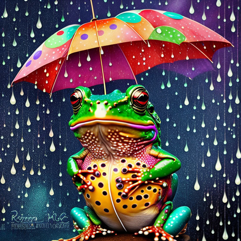 Colorful Frog Under Polka-Dotted Umbrella in Vibrant Rainy Scene