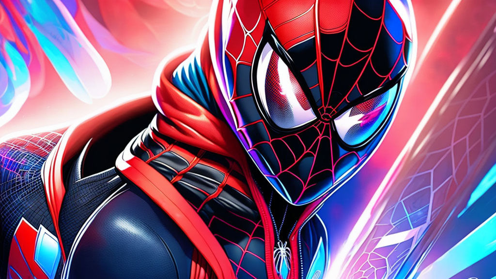 Colorful Spider-Man illustration with web design and dynamic background