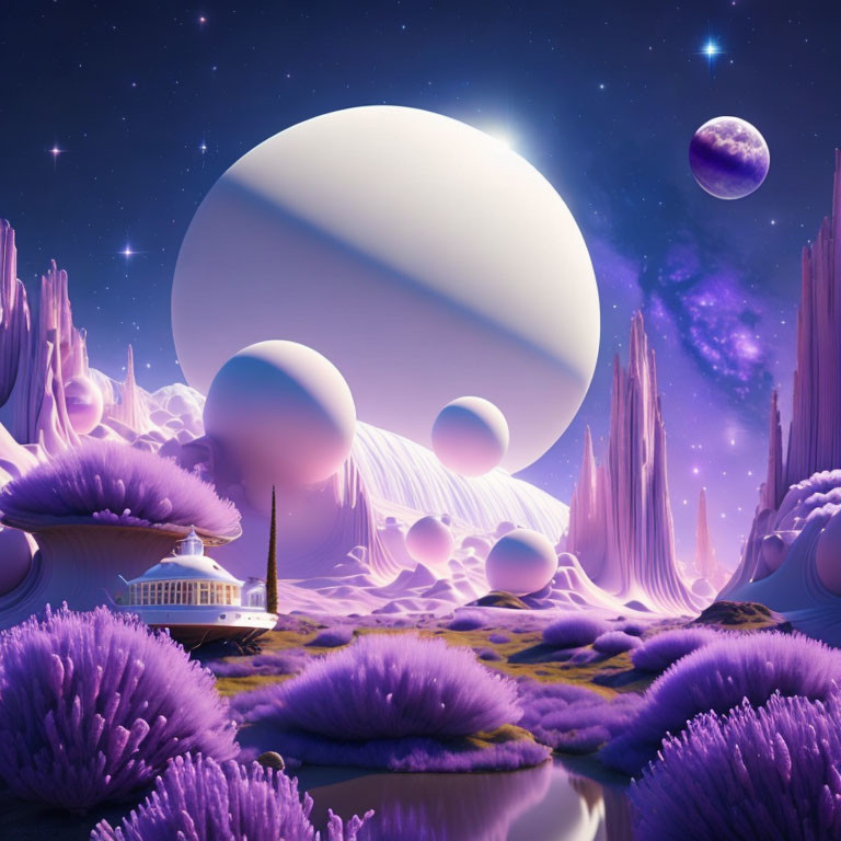 Fantastical landscape with purple flora, serene pond, rock formations, gazebo, celestial bodies