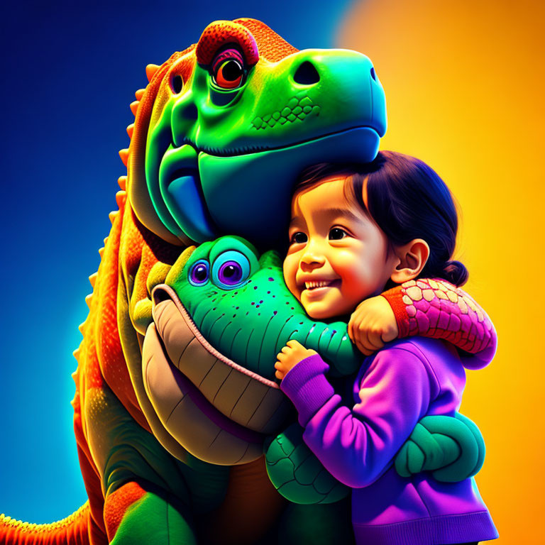 Vibrant illustration: Child hugging friendly dinosaur