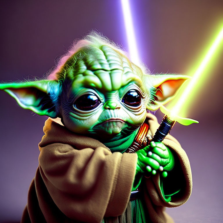 Detailed Yoda Illustration with Green Lightsaber on Dark Background