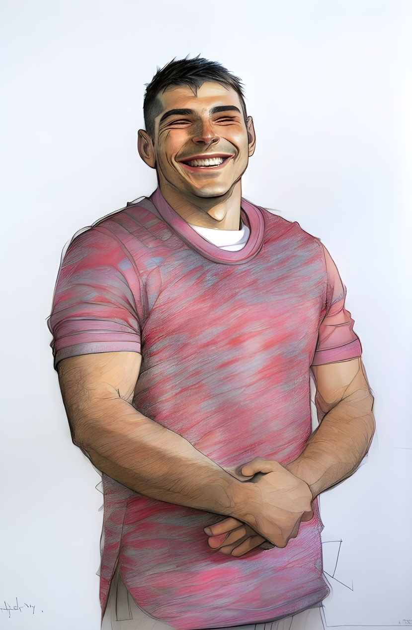 Smiling man in pink and white t-shirt, digital illustration