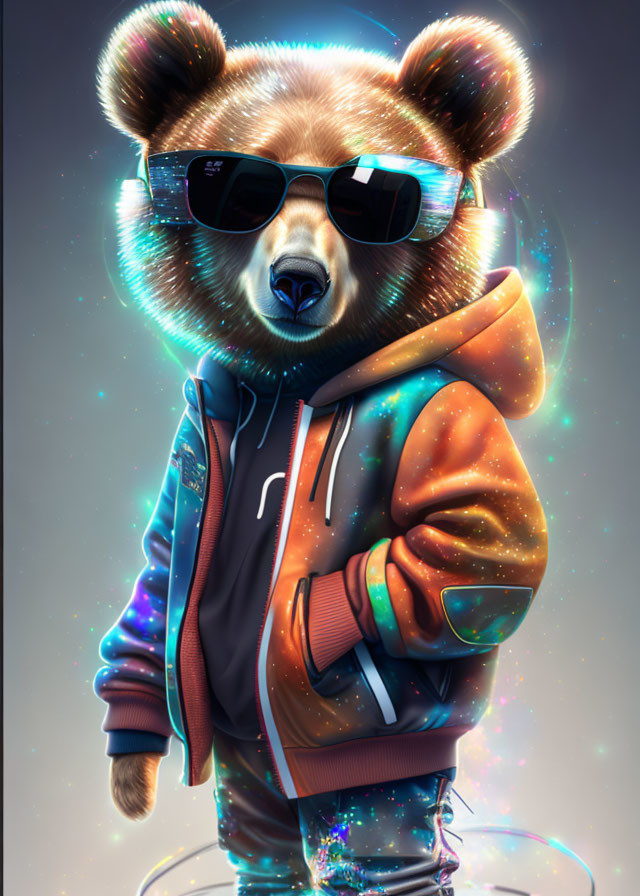 Colorful Cosmic Bear Character in Neon Hoodie & Sunglasses