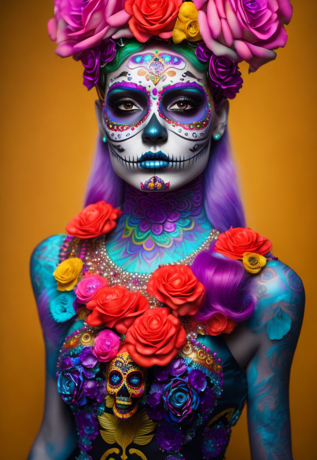 Vibrant Day of the Dead makeup with skull face and floral headpiece.