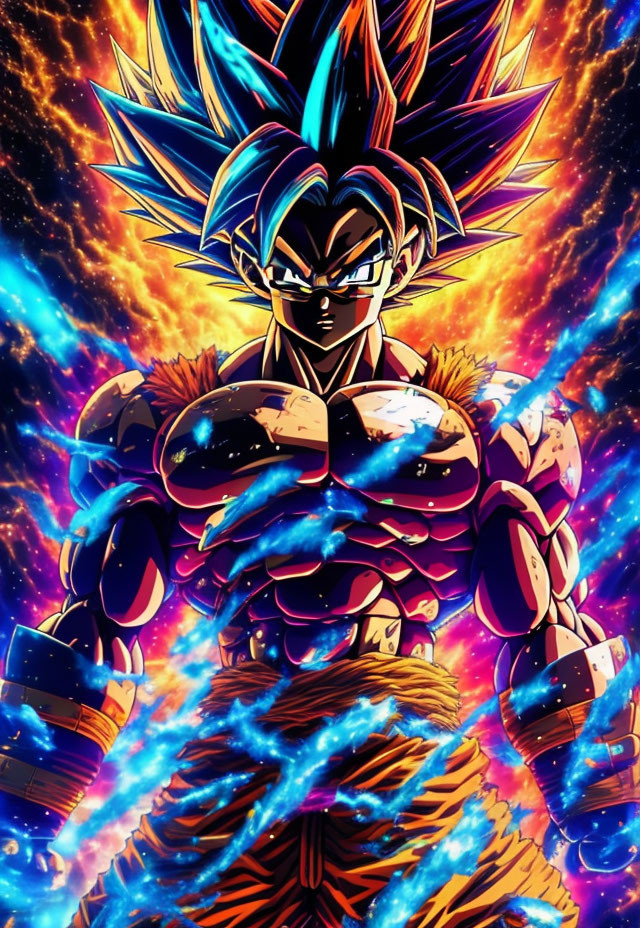 Colorful Anime Character in Fighting Pose with Cosmic Background