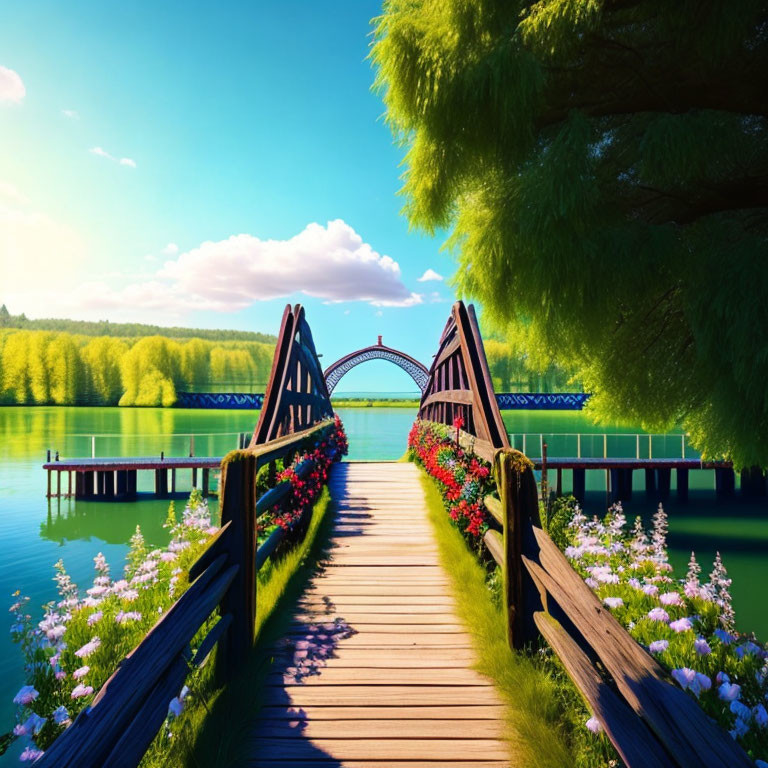 Tranquil Wooden Bridge Over Lake with Colorful Flowers