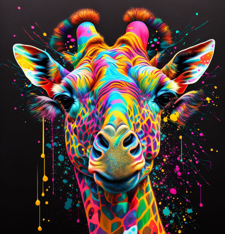 Vibrant neon giraffe portrait with psychedelic colors on dark backdrop