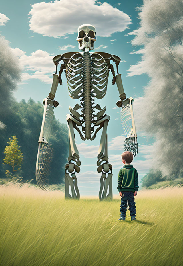 Boy in meadow with towering skeleton figurine under blue skies