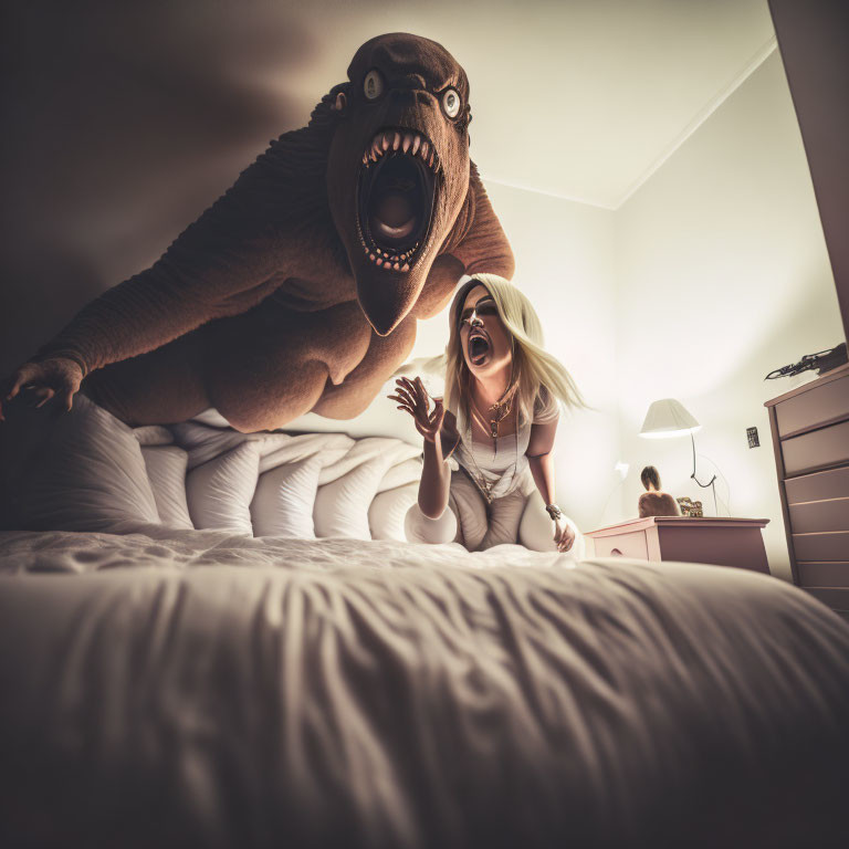 Woman on bed with menacing CGI dinosaur in bedroom.