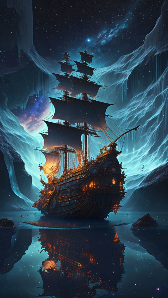 Fantastical glowing ship in serene blue landscape