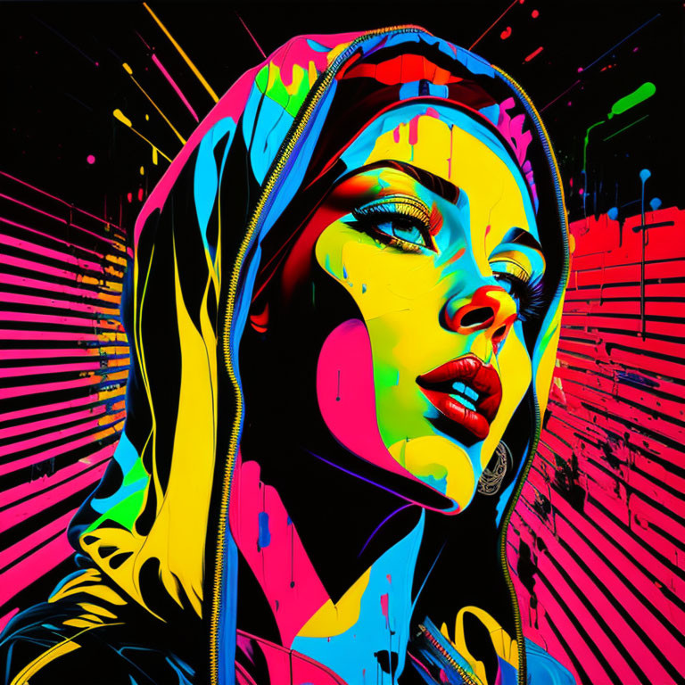 Colorful pop art style portrait of a woman with hood in neon colors on black.