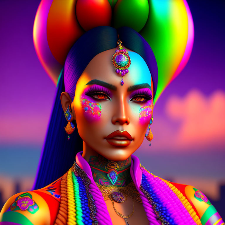 Vibrant digital portrait of a woman with rainbow hair and vivid makeup