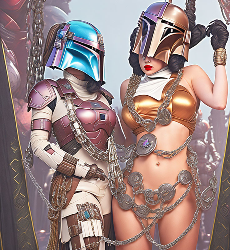 Two women in futuristic armor and helmets against sci-fi backdrop