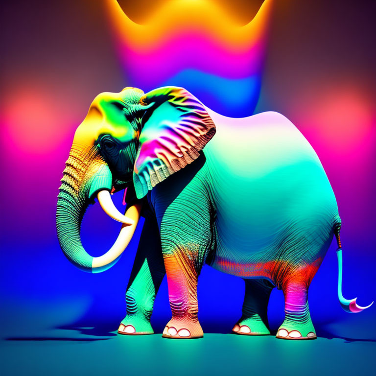 Colorful Elephant on Purple and Pink Gradient Background with Neon Swirls