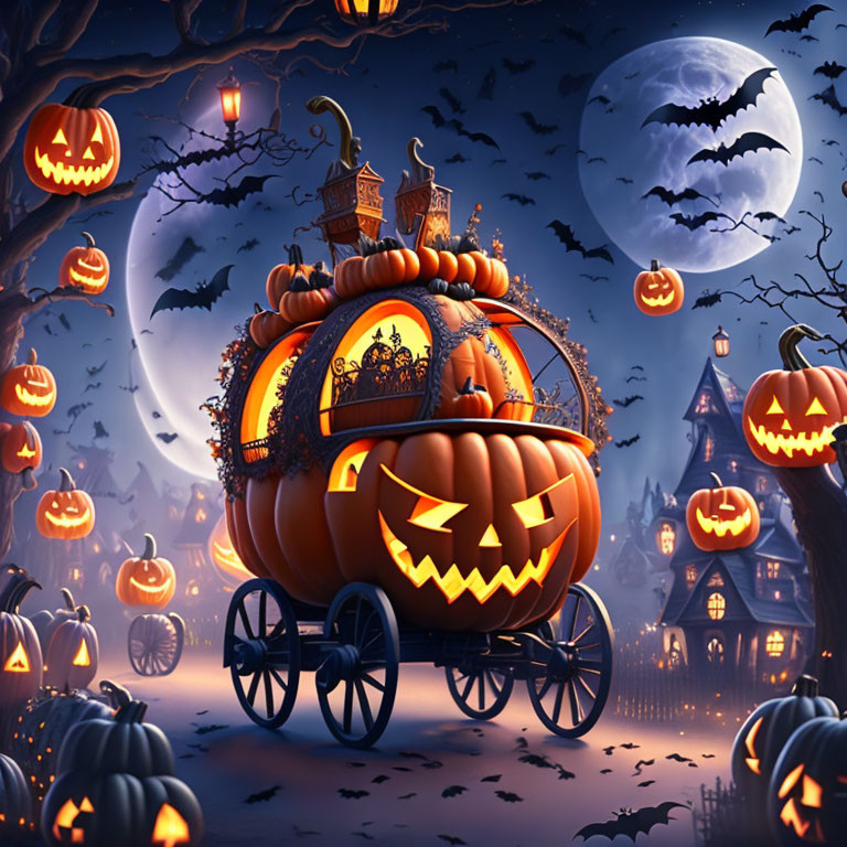 Spooky Halloween illustration: Sinister jack-o'-lantern carriage under full moon