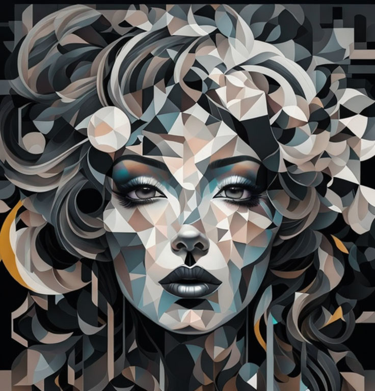 Geometric portrait of a woman with stylized hair and captivating eyes in monochromatic polygons