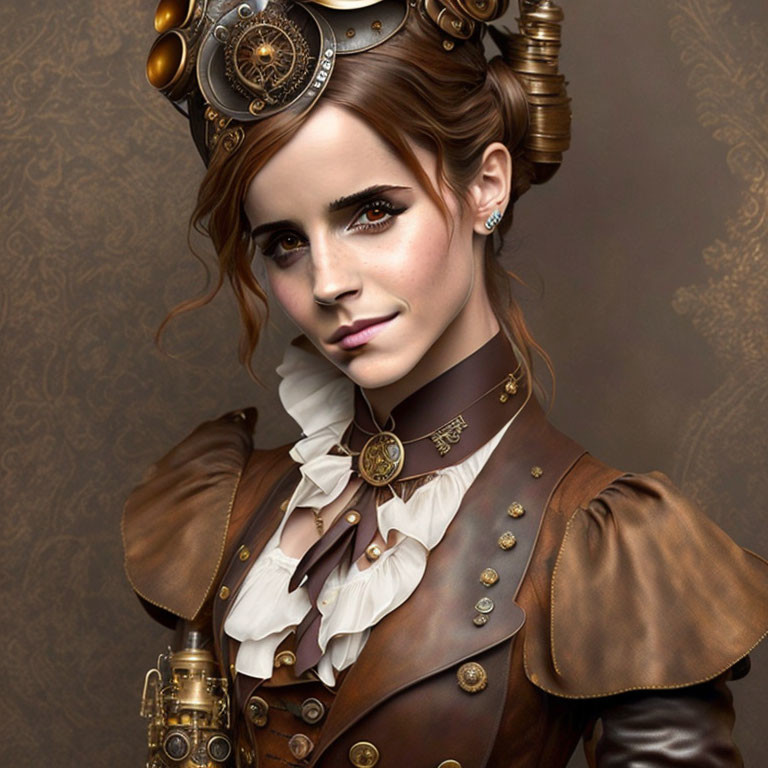 Steampunk-themed woman in brass goggles, ruffled blouse, and leather jacket