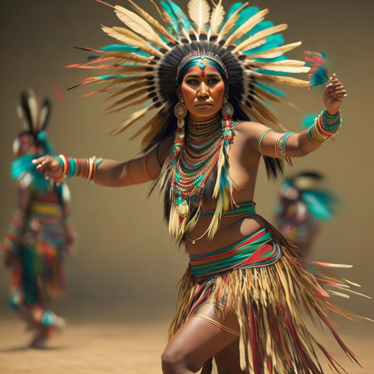 Two individuals in traditional Native American attire dancing.