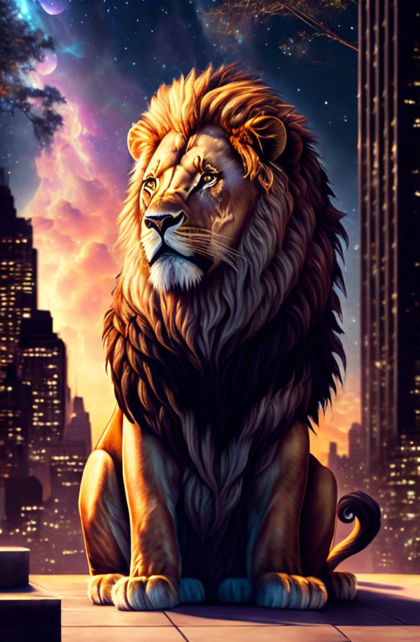 Majestic lion in cosmic cityscape at dusk