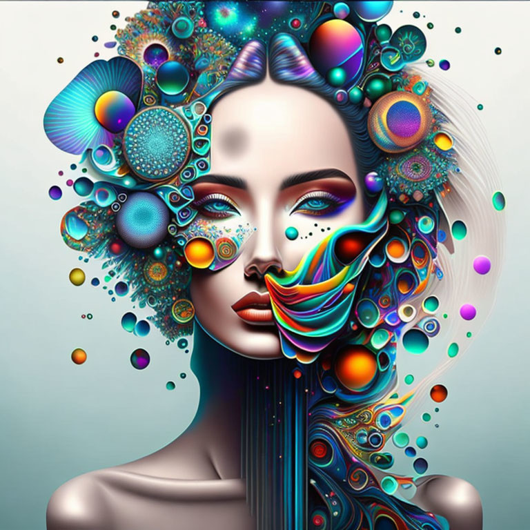 Abstract digital artwork: Woman's face with vibrant shapes & patterns