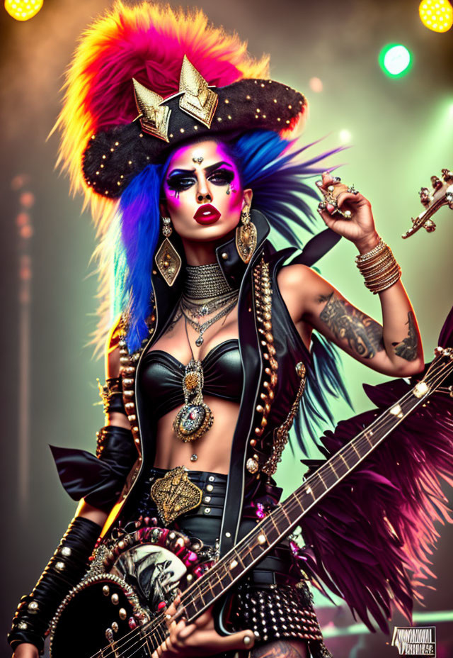 Colorful punk-inspired ensemble with elaborate makeup and mohawk.