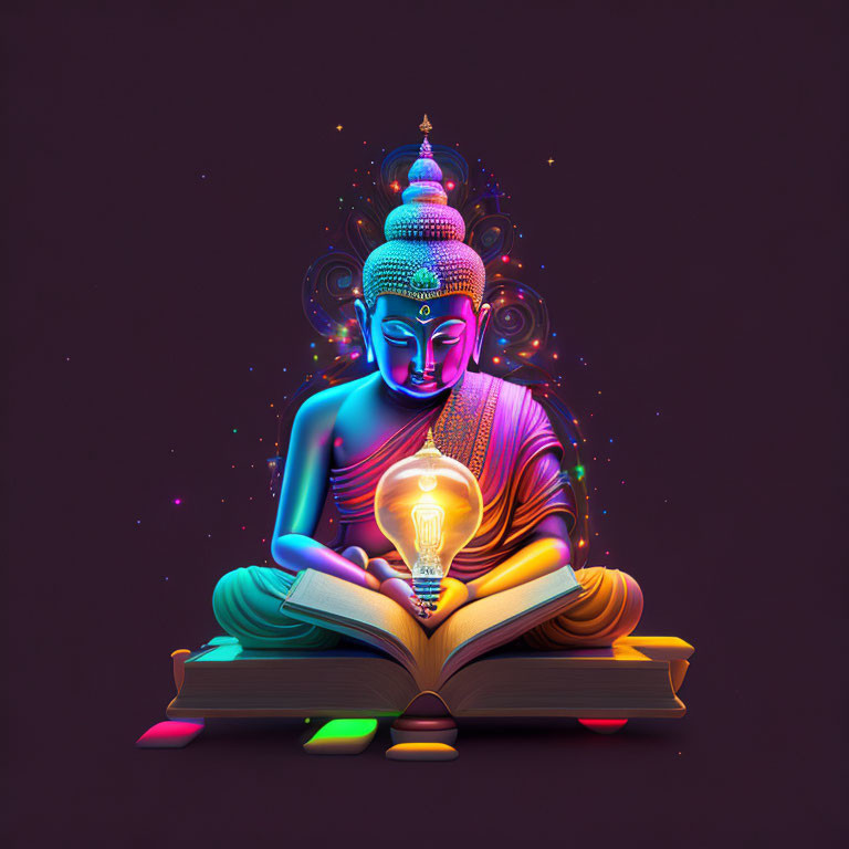 Vibrant digital art: Buddha figure radiating light on books, purple backdrop.