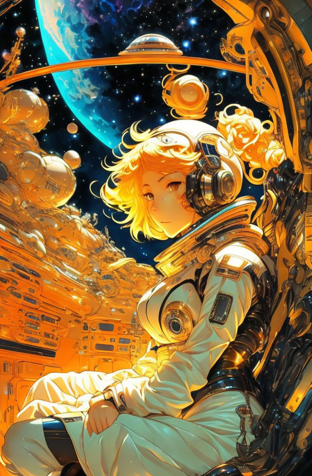 Blonde-Haired Astronaut in Spacesuit Contemplates in Futuristic Spacecraft