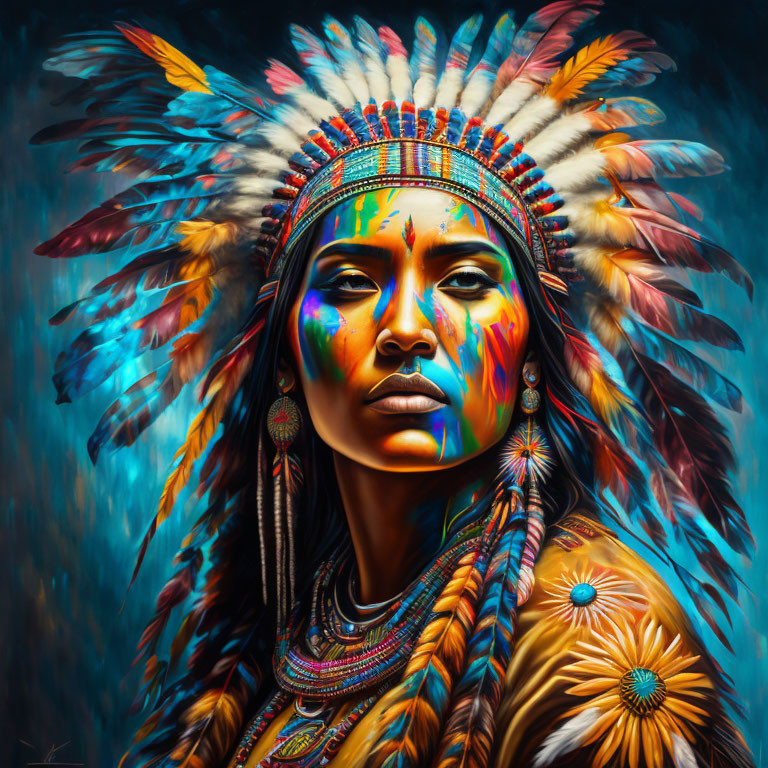 Vibrant portrait of person in Native American headdress with intense gaze