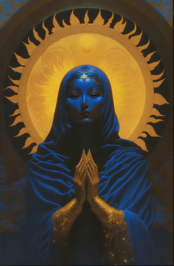 Praying Figure in Blue Robes with Golden Details and Crescent Moon Motif