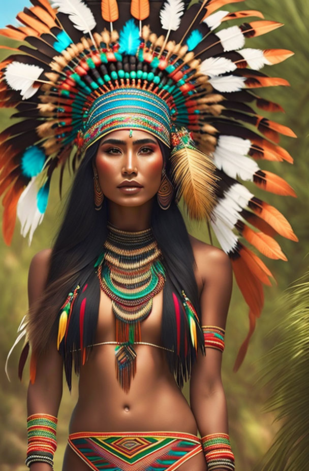 Woman in vibrant feather headdress and beads embodies Native American theme