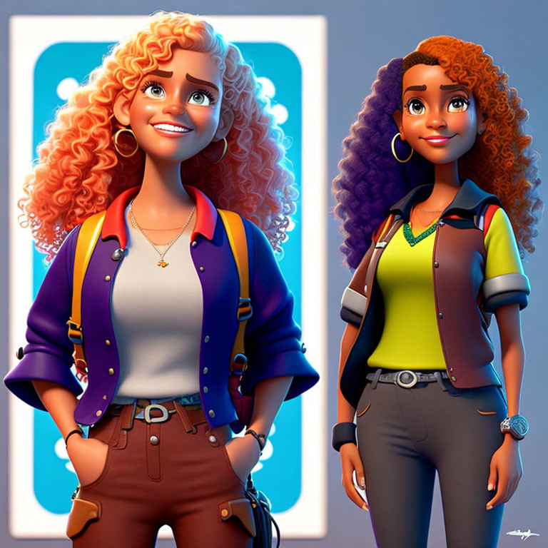 Curly-Haired Female Characters in Colorful Jackets on Blue Background