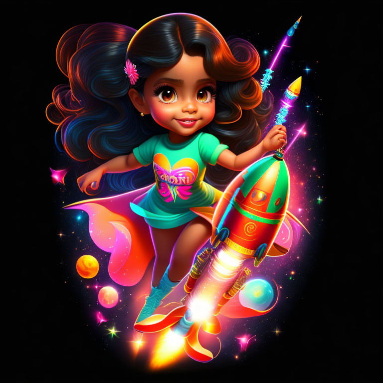 Curly-haired girl on colorful rocket in space