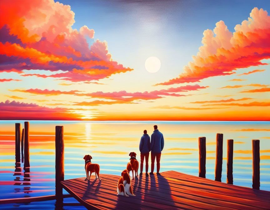 Colorful Sunset Painting: People, Dogs, and Dock by Calm Water