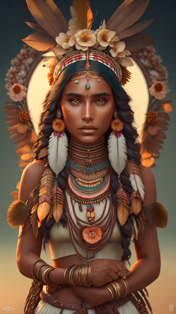 Digital artwork of woman in indigenous attire with serene aura