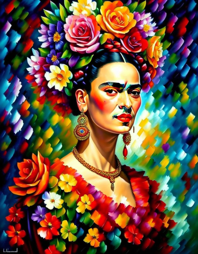 Vibrant portrait of a woman with floral headpiece and rose shawl