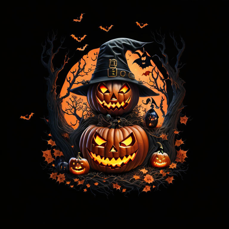 Dark Halloween illustration with jack-o'-lanterns, bats, and autumn leaves on twisted tree branches